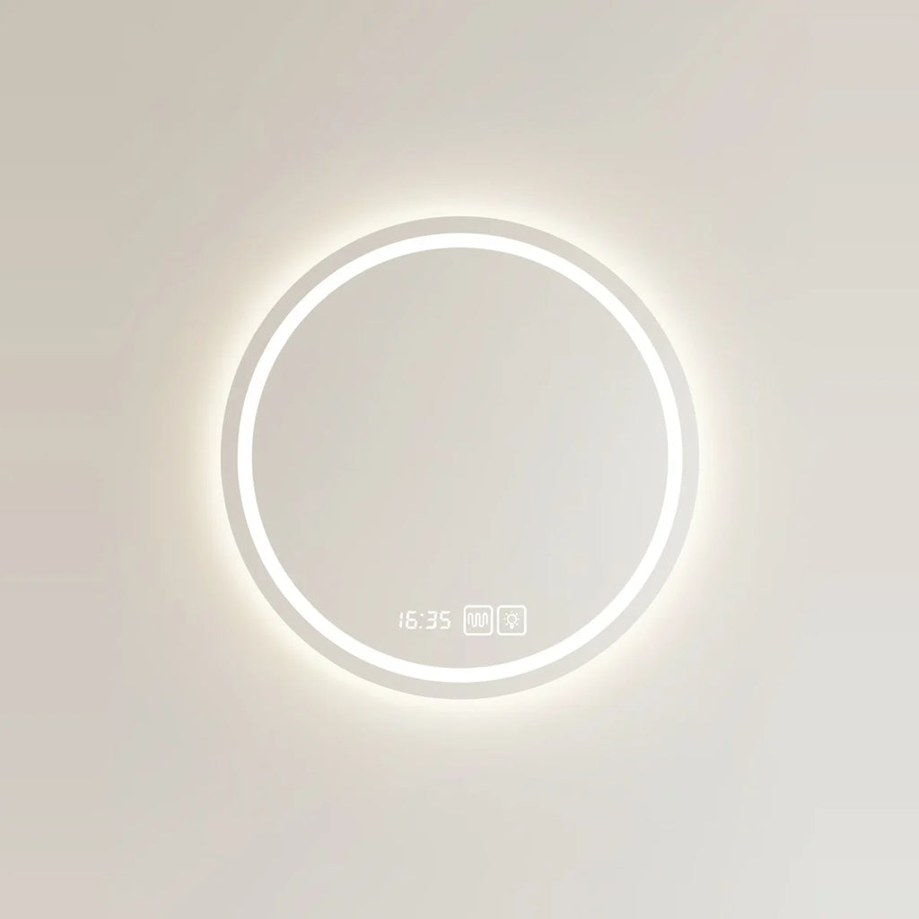 Round LED Mirror, Backlit, Anti-Fog with Clock – Ø 24 in (60 cm), on a light background