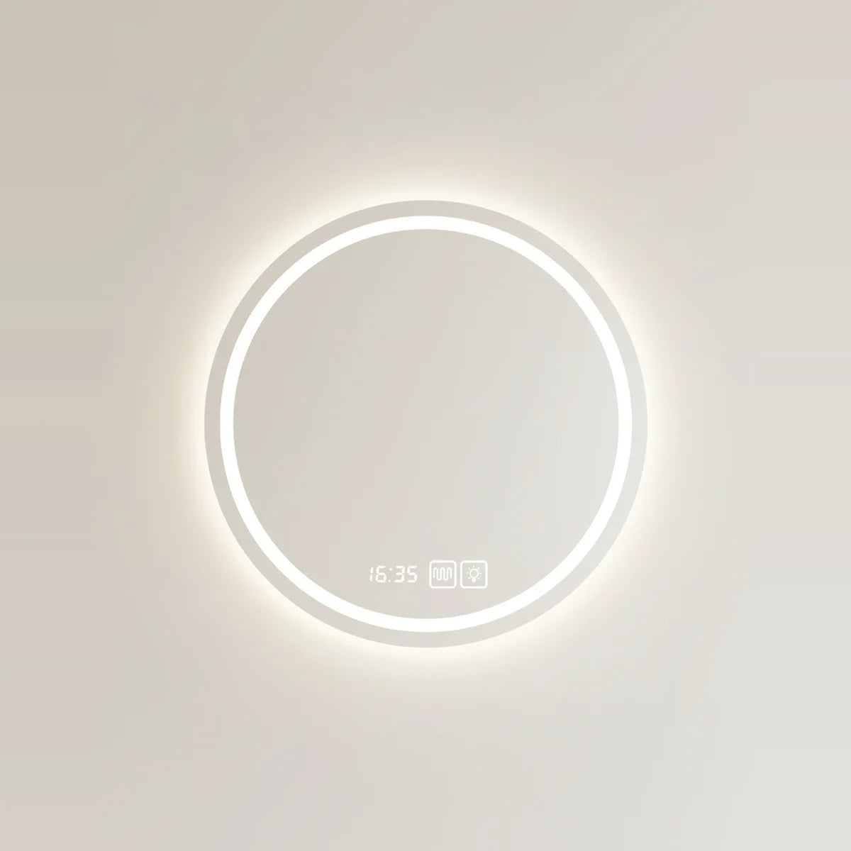 Round LED Mirror, Backlit, Anti-Fog with Clock – Ø 24 in (60 cm), on a light background