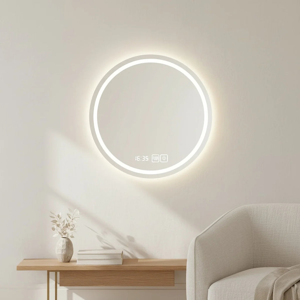 Round LED Mirror, Backlit, Anti-Fog with Clock, styled in a bright interior