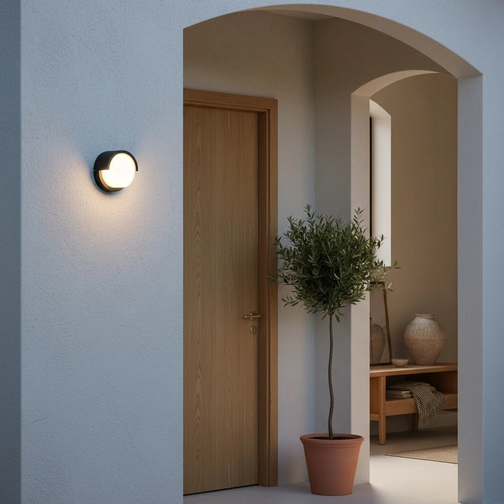 Round Black LED Outdoor Wall Light, 6 in, IP65, styled on an exterior wall
