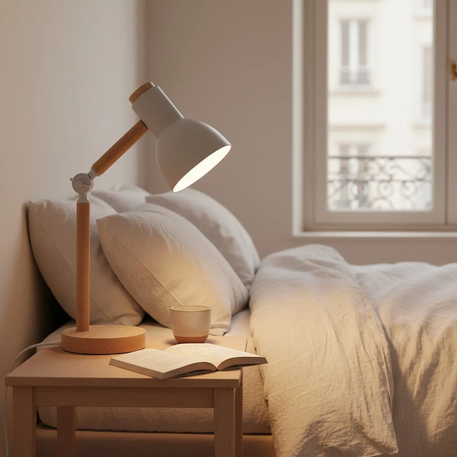 Scandinavian Table Lamp, Wood and White, Adjustable Head, styled on a nightstand