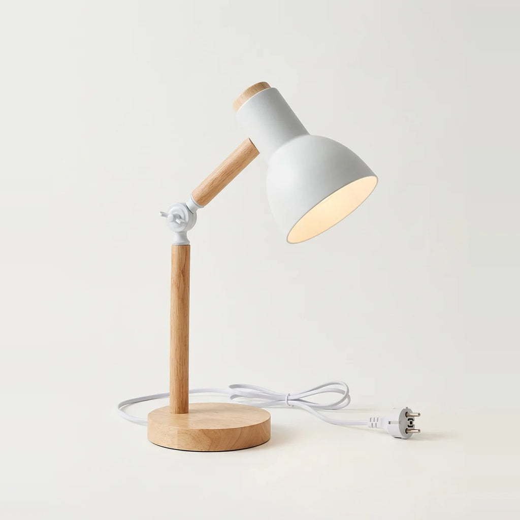 Scandinavian Table Lamp, Wood and White, Adjustable Head, on a light background