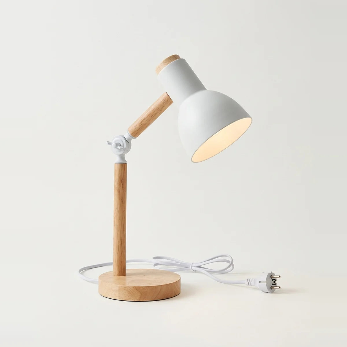 Scandinavian Table Lamp, Wood and White, Adjustable Head, on a light background