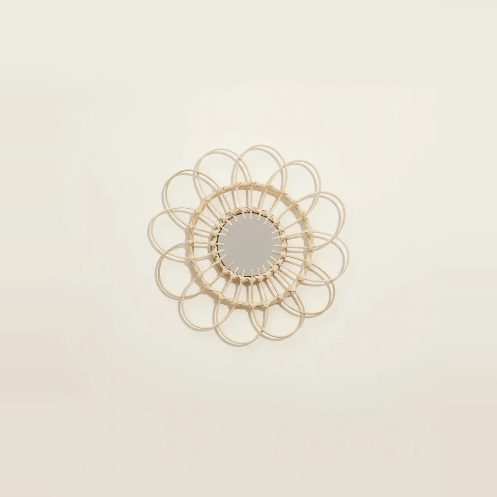 Small Rattan Mirror, Round and Handwoven, on a light background