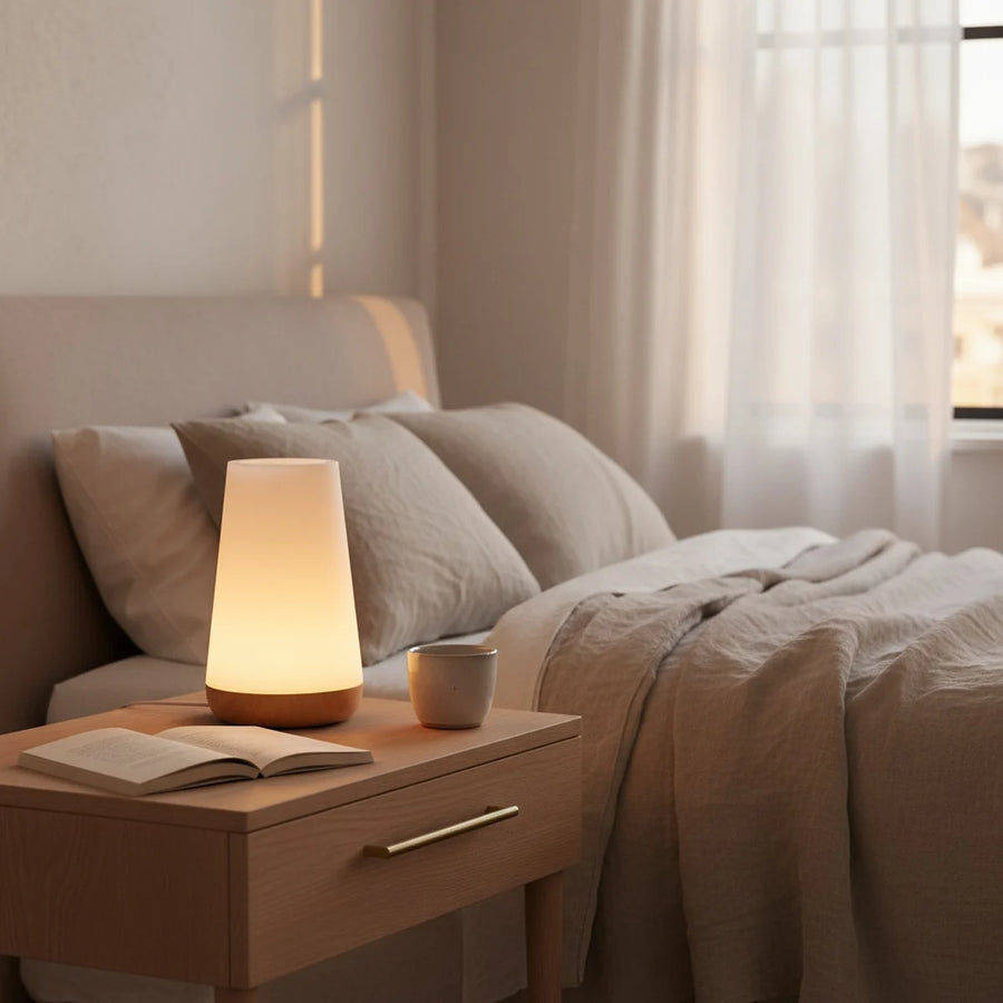 Smart Table Lamp, Wi-Fi RGB, App Control, Wood-Look Base, styled on a nightstand