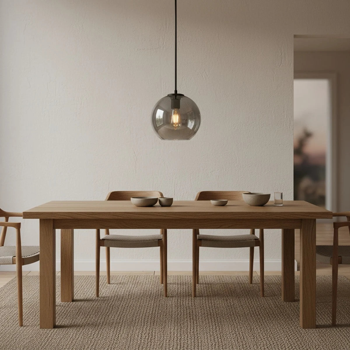 Smoked Glass Pendant Light, Gray Globe, 6" to 12", styled above a dining table
