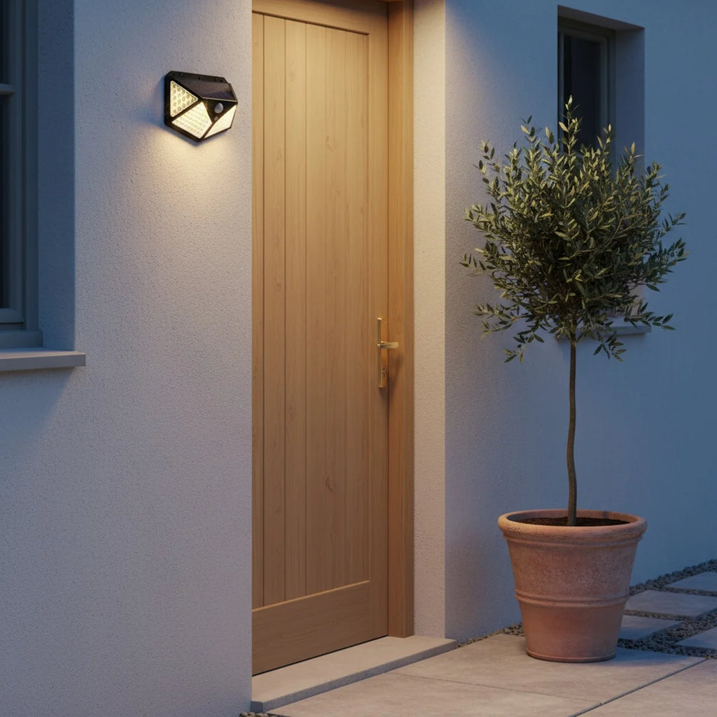 Applique extérieur solaire à détecteur de mouvement, 100 LED, mise en situation sur une façade