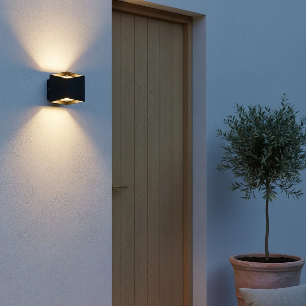 Modern Black Square Outdoor Wall Light, Aluminum, 6W LED, IP65, styled on an exterior wall