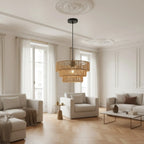 Rattan-Look Tiered Chandelier, 3 Rings of Woven Paper Rope, 12.5 in, styled in a living room