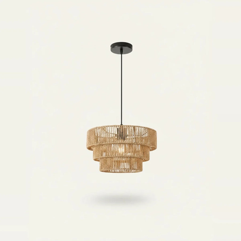 Rattan-Look Tiered Chandelier, 3 Rings of Woven Paper Rope, 12.5 in, on a light background