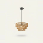 Rattan-Look Tiered Chandelier, 3 Rings of Woven Paper Rope, 12.5 in, on a light background