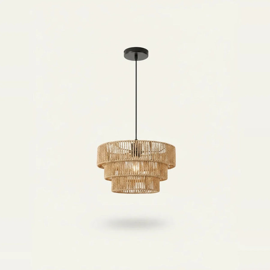 Rattan-Look Tiered Chandelier, 3 Rings of Woven Paper Rope, 12.5 in, on a light background