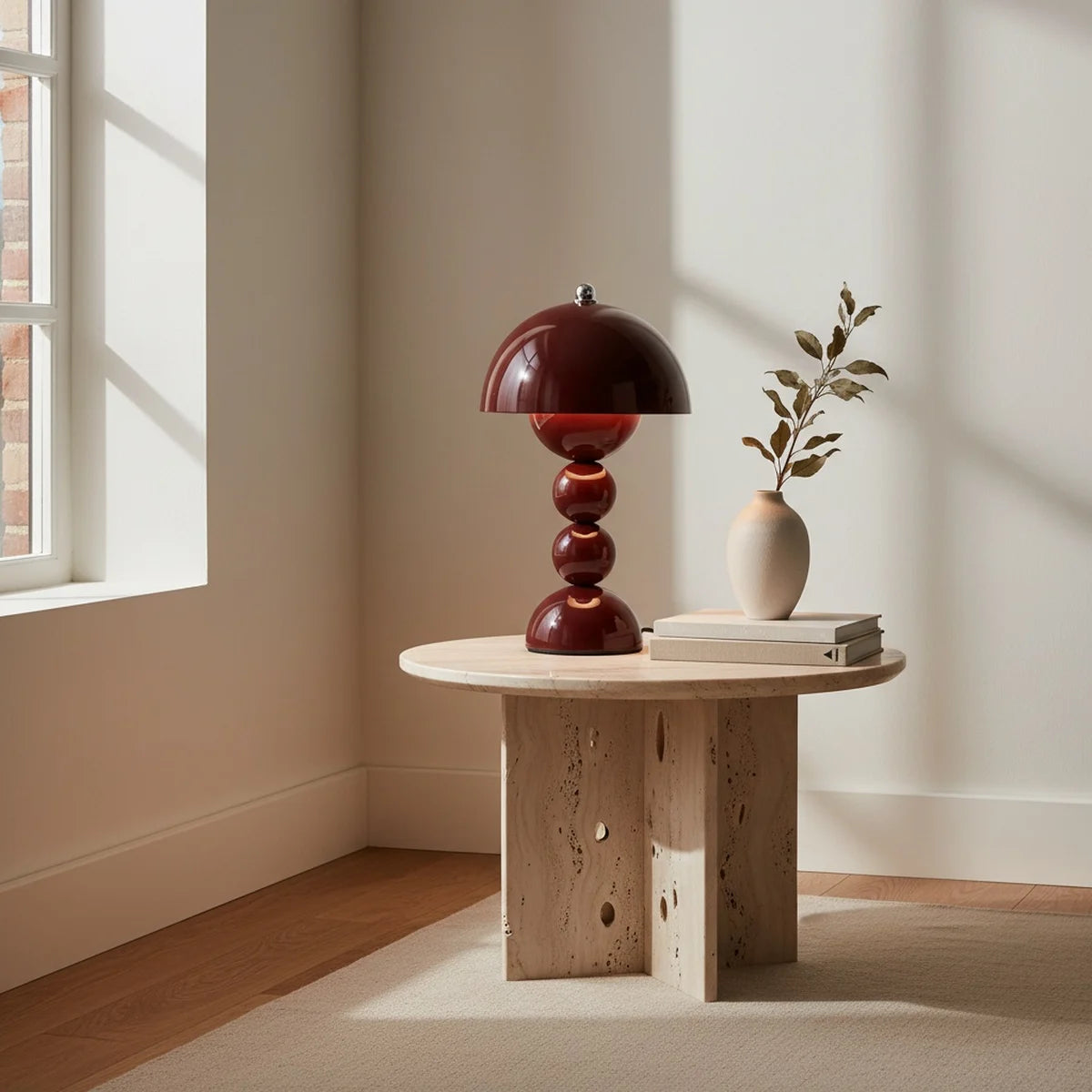Vintage Mushroom Lamp, 70s Burgundy, Cordless, styled on a side table