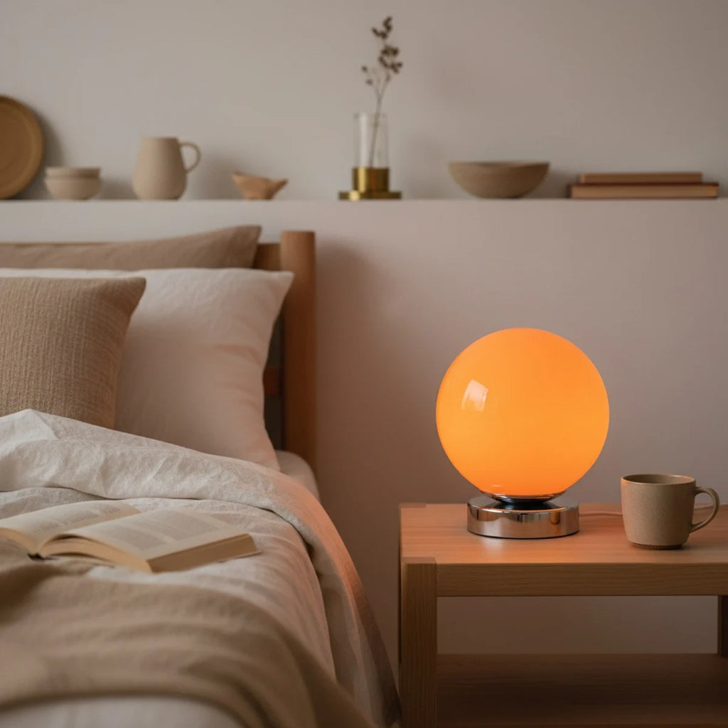 Lampe de chevet vintage en verre orange, esprit années 70, mise en situation sur une table de chevet
