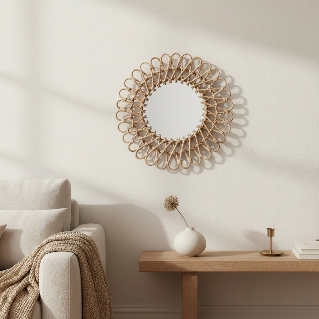 Vintage Rattan Mirror, Round 16 in, styled in a bright interior