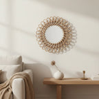 Vintage Rattan Mirror, Round 16 in, styled in a bright interior
