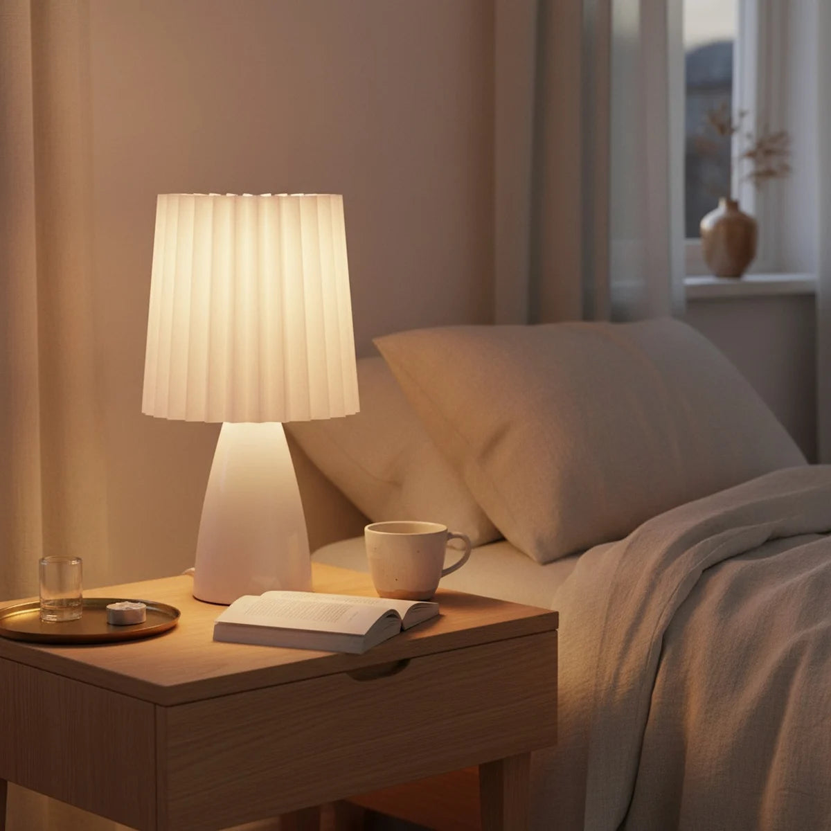 Ceramic Table Lamp, White, Pleated Fabric Shade, styled on a nightstand