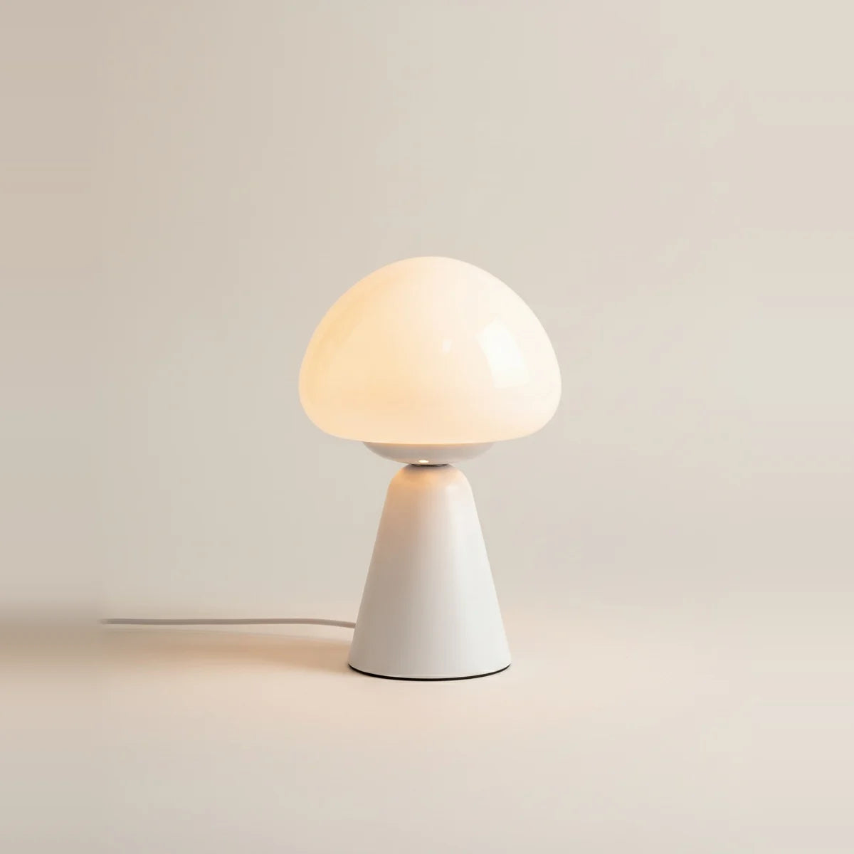 White Mushroom Lamp, Opal Glass Cap, LED Touch, USB-C, on a light background