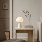 White Mushroom Lamp, Opal Glass Cap, LED Touch, USB-C, styled on a side table