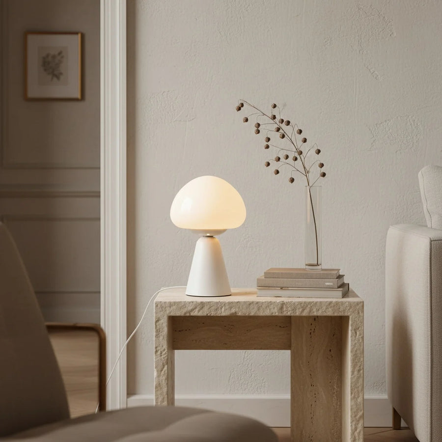 White Mushroom Lamp, Opal Glass Cap, LED Touch, USB-C, styled on a side table