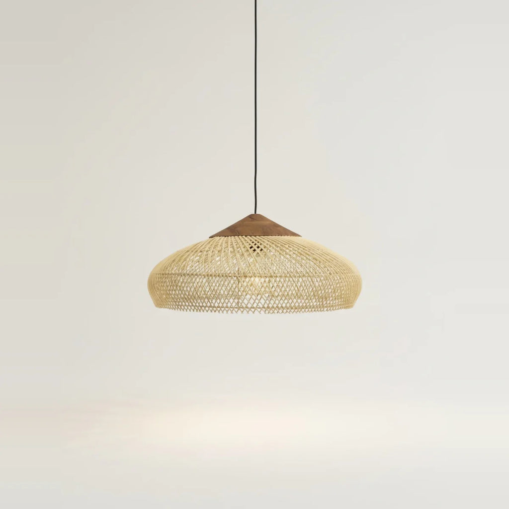 Hand-Woven Wicker Chandelier, Boho Style, 16 to 24 in – Natural wicker, Ø 16 × H 7.5 in (40 × 19 cm), on a light background