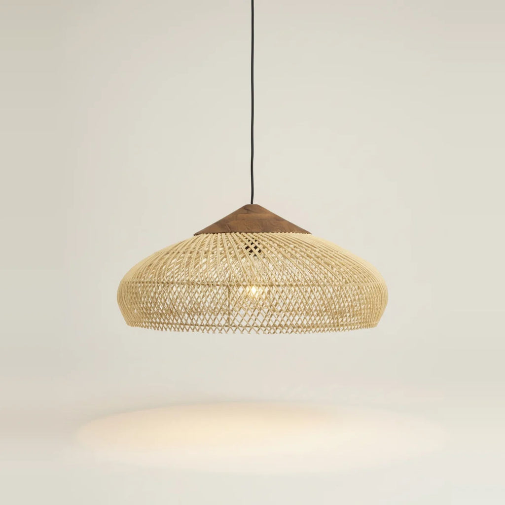 Hand-Woven Wicker Chandelier, Boho Style, 16 to 24 in – Natural wicker, Ø 24 × H 12 in (60 × 30 cm), on a light background