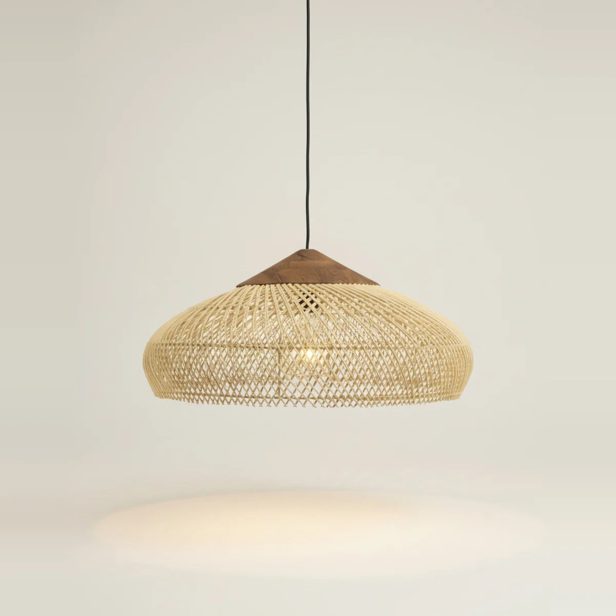 Hand-Woven Wicker Chandelier, Boho Style, 16 to 24 in – Natural wicker, Ø 24 × H 12 in (60 × 30 cm), on a light background