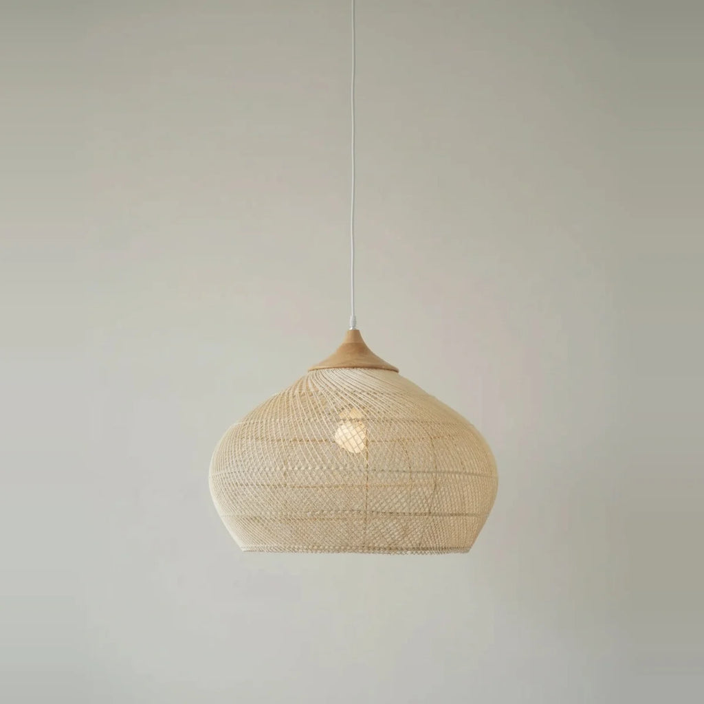 Hand-Woven Wicker Chandelier, Boho Style, 16 to 24 in – Natural wicker, Ø 24 × H 18 in (60 × 45 cm), on a light background