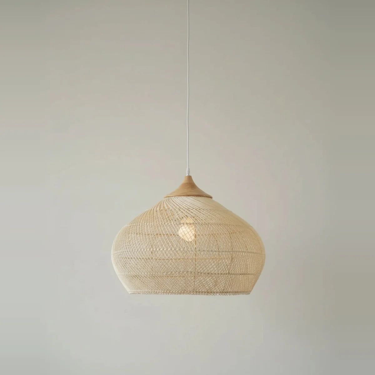 Hand-Woven Wicker Chandelier, Boho Style, 16 to 24 in – Natural wicker, Ø 24 × H 18 in (60 × 45 cm), on a light background