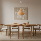 Hand-Woven Bamboo Wicker Pendant Light, 14 in, styled above a dining table
