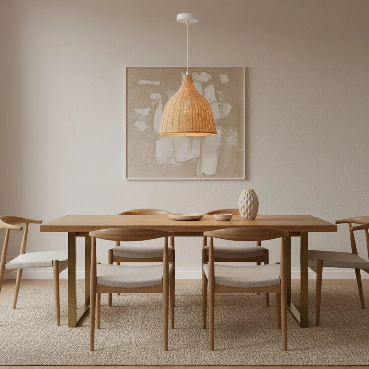 Hand-Woven Bamboo Wicker Pendant Light, 14 in, styled above a dining table