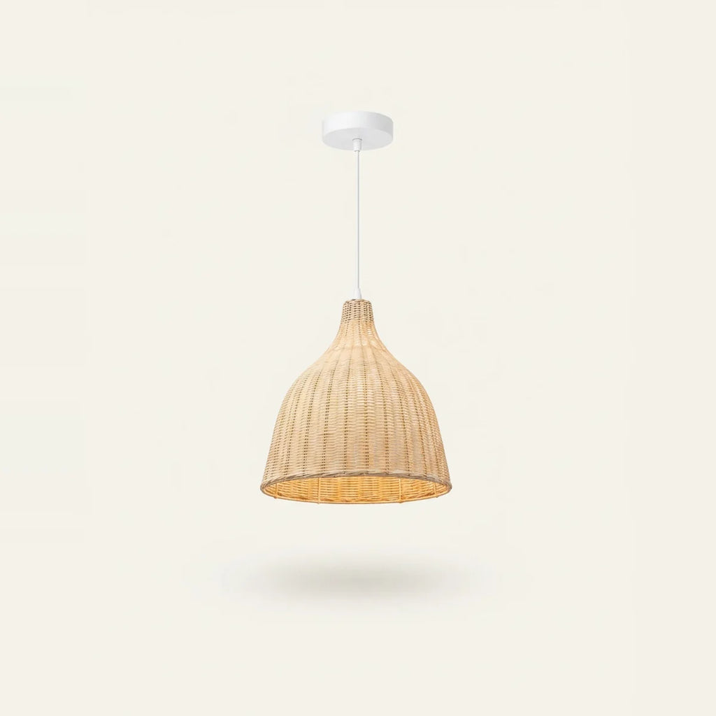 Hand-Woven Bamboo Wicker Pendant Light, 14 in, on a light background