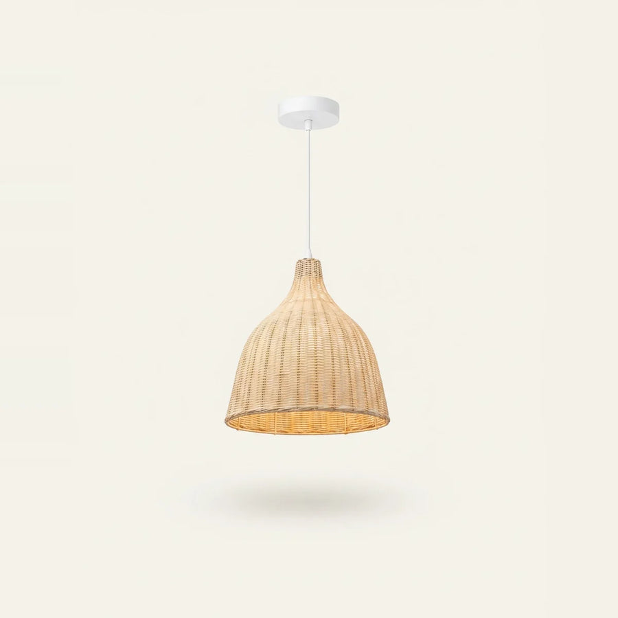 Hand-Woven Bamboo Wicker Pendant Light, 14 in, on a light background