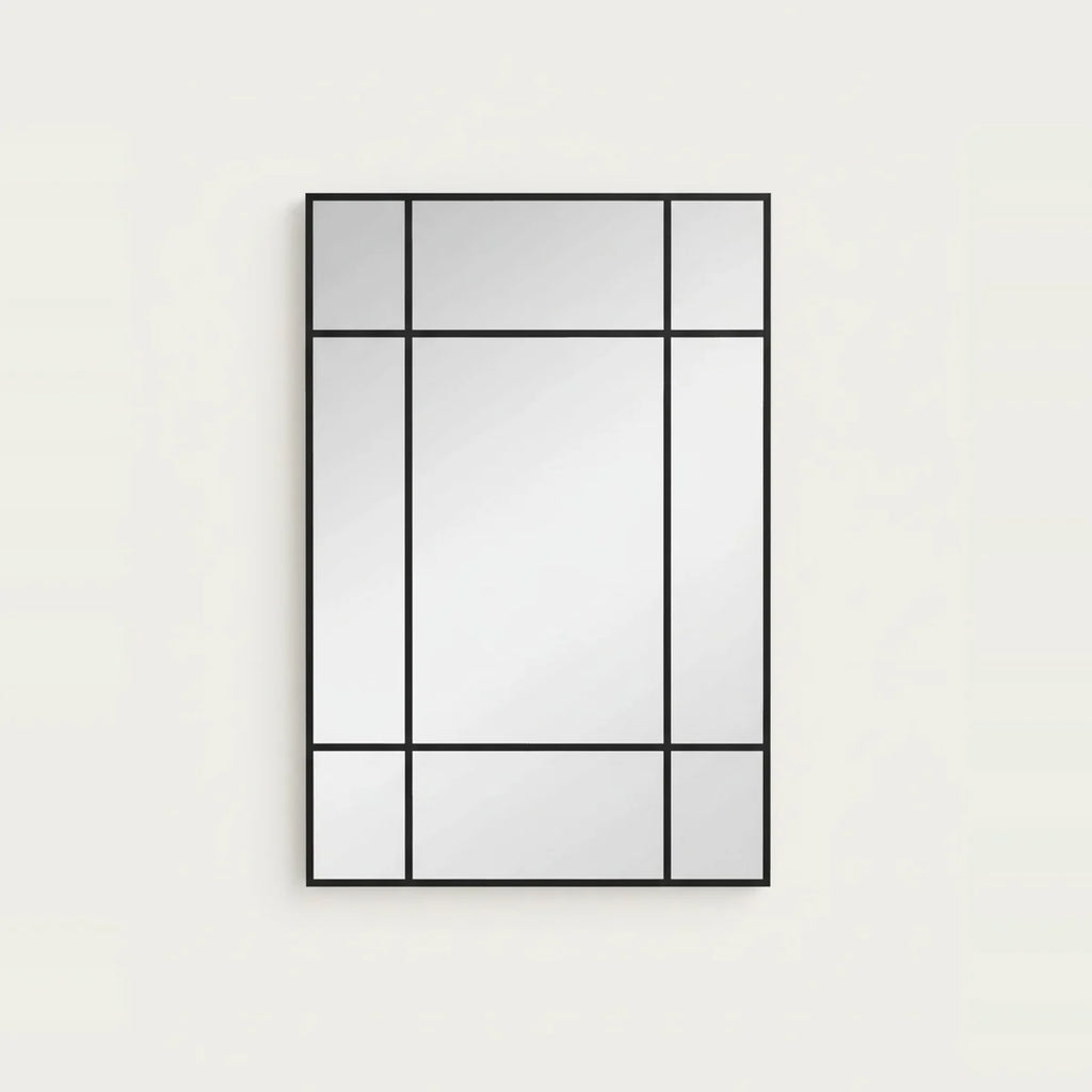Miroir verrière noir style fenêtre 90 × 60 cm en métal, photo sur fond clair