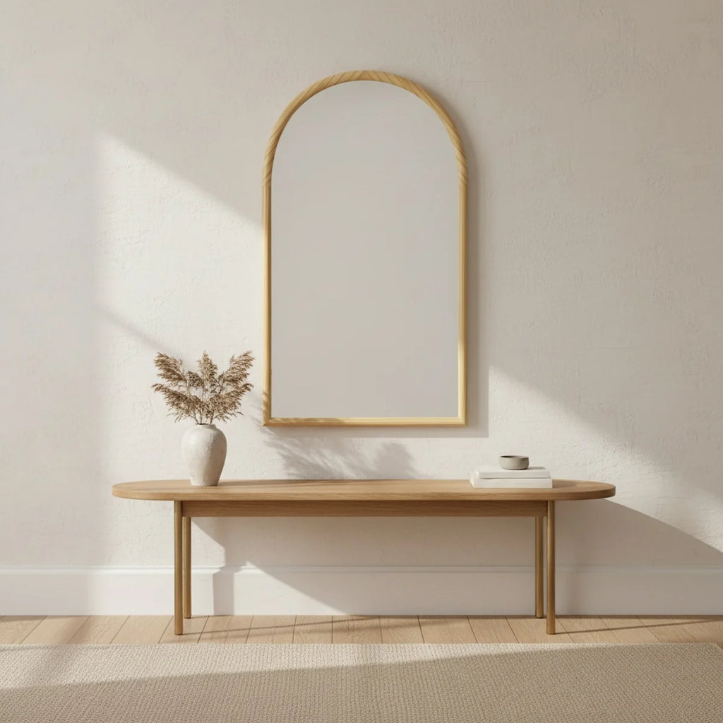 Natural Wood Arch Mirror, 43 × 26 in, styled in a bright interior