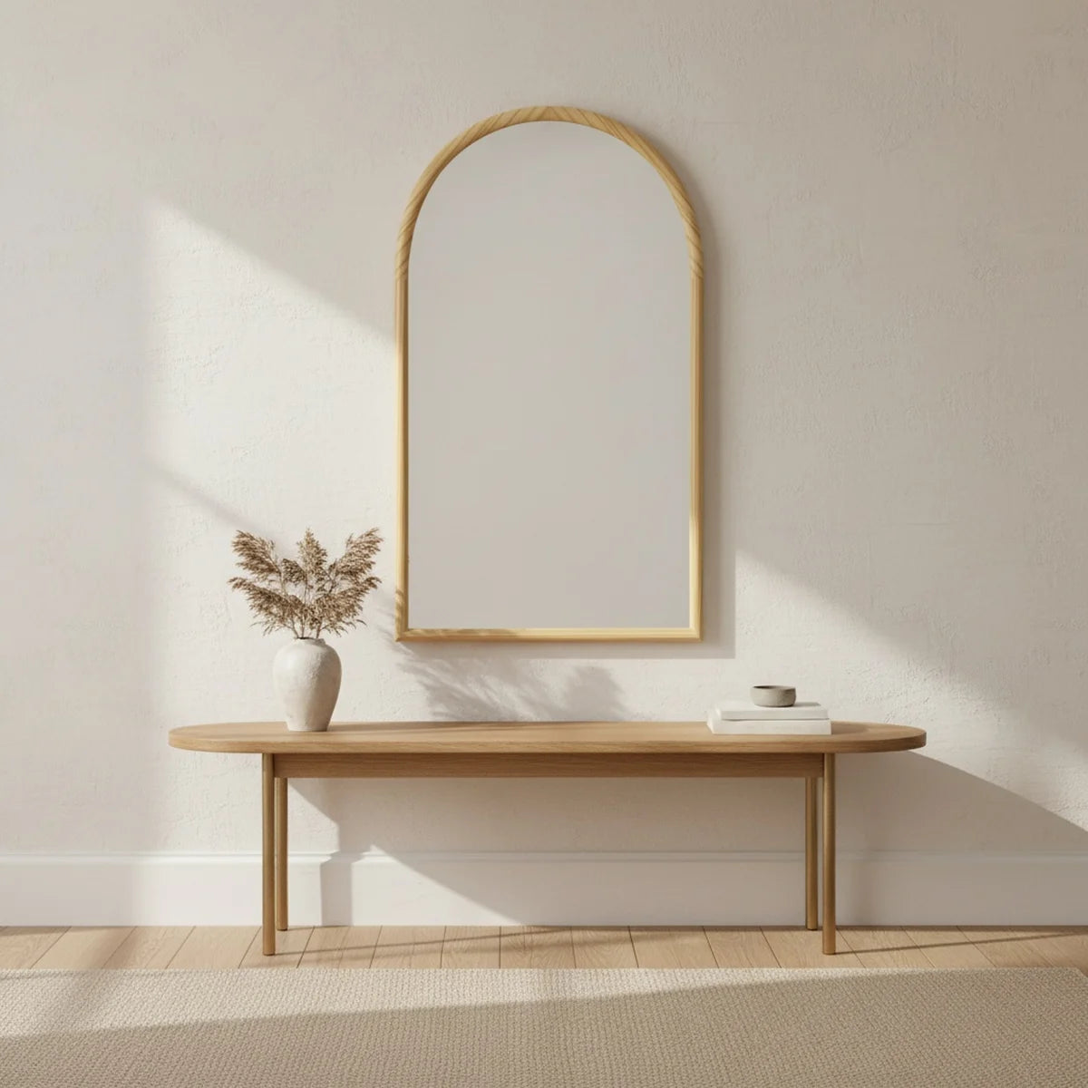 Natural Wood Arch Mirror, 43 × 26 in, styled in a bright interior