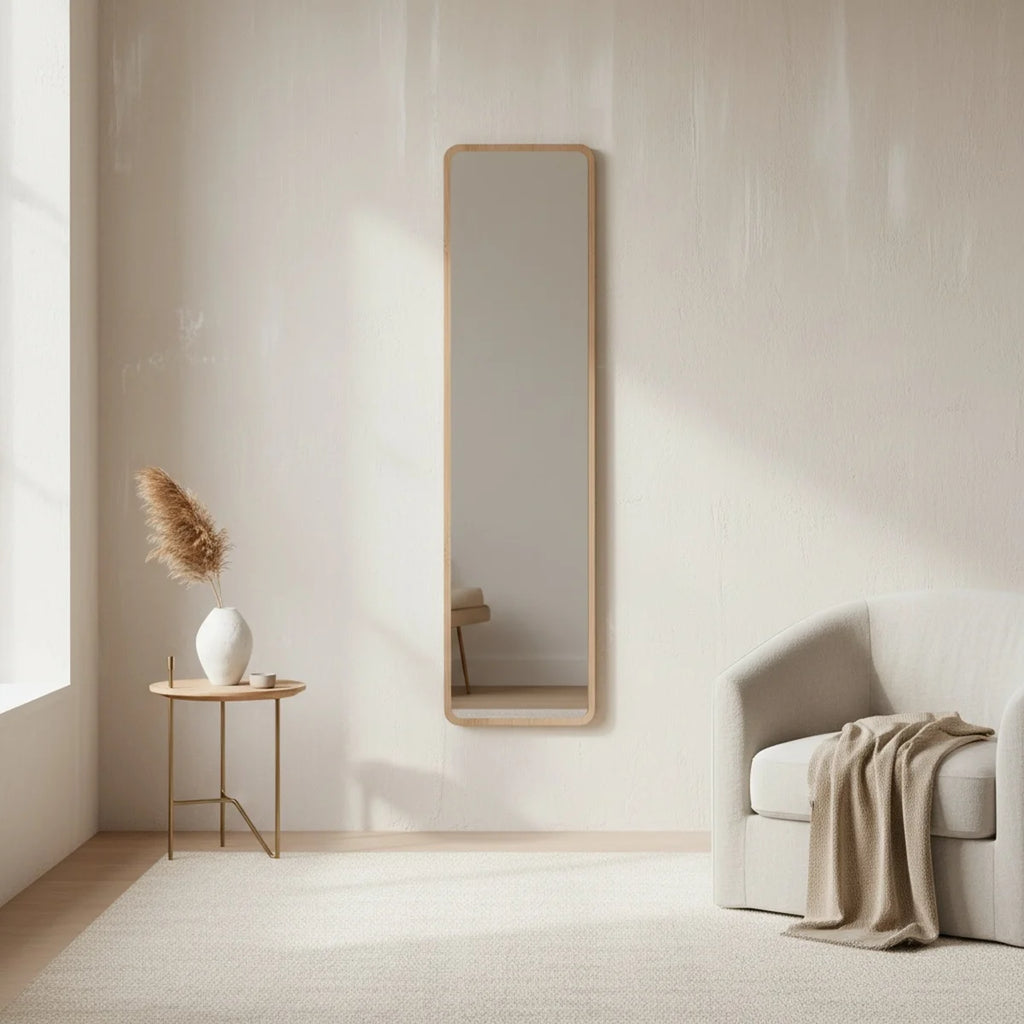 Walnut Finish Wood Floor Mirror, 15 x 63 in, styled in a bright interior