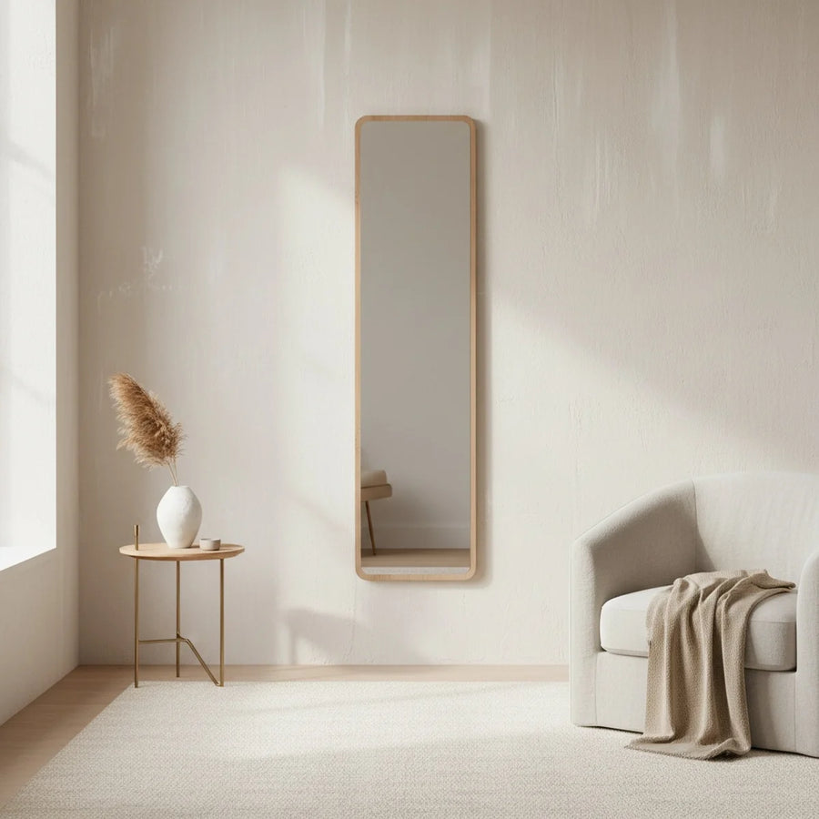 Walnut Finish Wood Floor Mirror, 15 x 63 in, styled in a bright interior