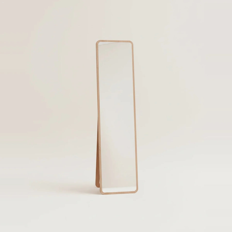 Walnut Finish Wood Floor Mirror, 15 x 63 in, on a light background