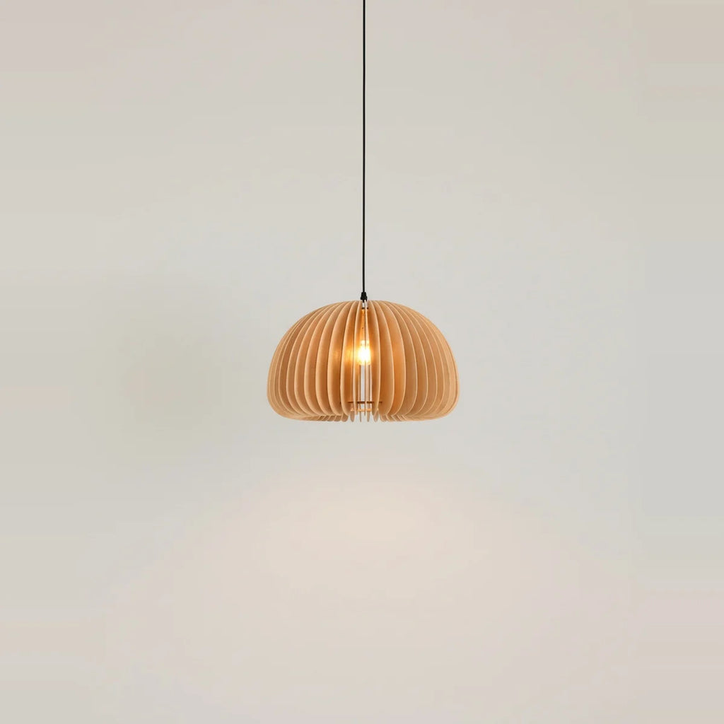 Japanese-Style Natural Wood Pendant Light, 7 or 12 in – Ø 12 in (30 cm), on a light background