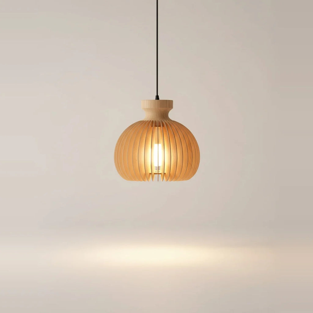 Japanese-Style Natural Wood Pendant Light, 7 or 12 in – Ø 7 in (18 cm), on a light background
