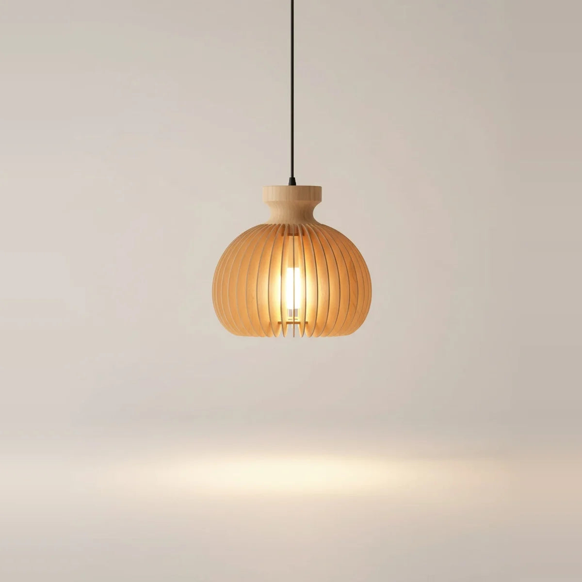 Japanese-Style Natural Wood Pendant Light, 7 or 12 in – Ø 7 in (18 cm), on a light background
