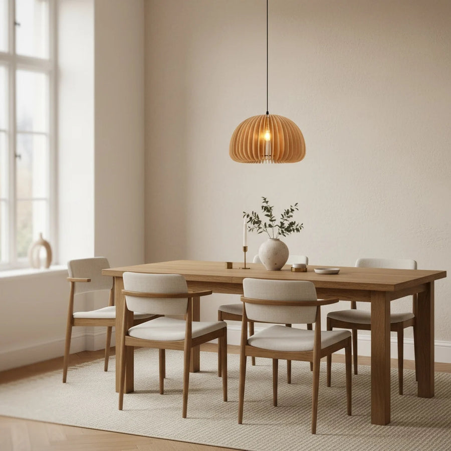 Japanese-Style Natural Wood Pendant Light, 7 or 12 in, styled above a dining table