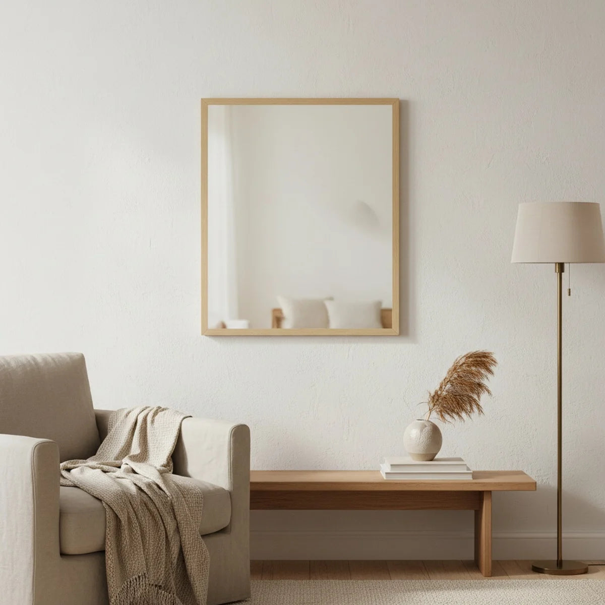 Natural Wood Rectangle Mirror, 31.5 × 23.5 in, styled in a bright interior