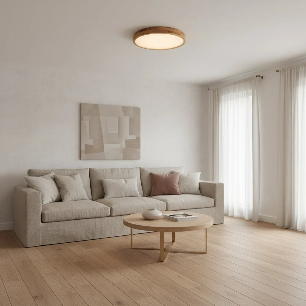 Wooden Ceiling Light, Ultra-Slim 16" Solid Wood LED, 27 W, styled in a living room