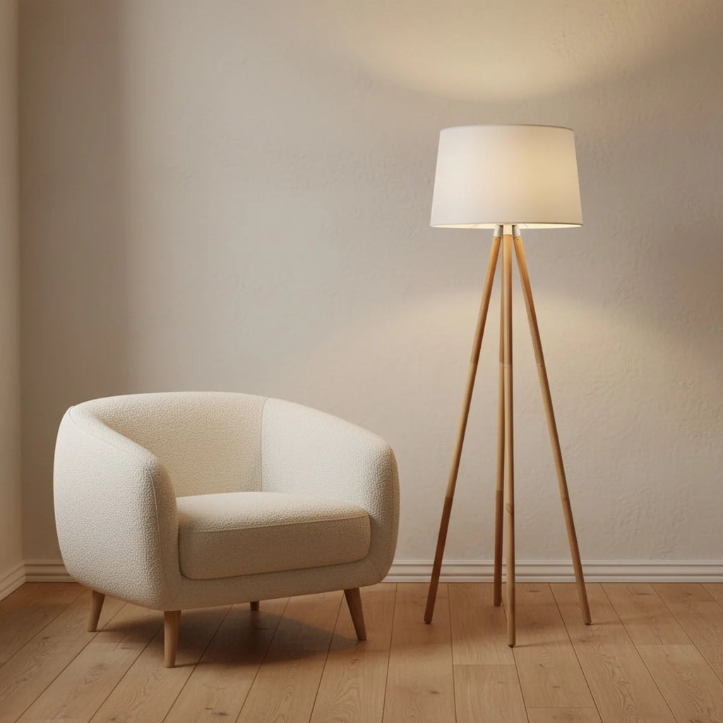 Wooden Tripod Floor Lamp with White Fabric Shade, styled in a living room